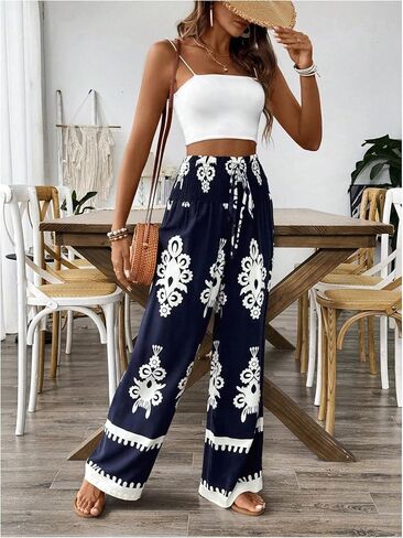 WDIRARA Women's Boho Floral Print Wide Leg Pants Smocked Drawstring High Waisted Trousers in Saudi Arabia