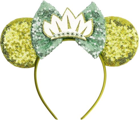 Glitter Green Mouse Ears Headband, Sequined Bow with Lotus & Frog Accents for Theme Parks & Cosplay in Kuwait