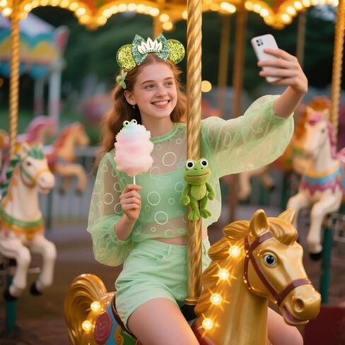 Glitter Green Mouse Ears Headband, Sequined Bow with Lotus & Frog Accents for Theme Parks & Cosplay in Kuwait