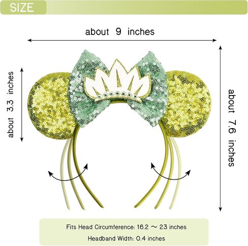 Glitter Green Mouse Ears Headband, Sequined Bow with Lotus & Frog Accents for Theme Parks & Cosplay in Kuwait