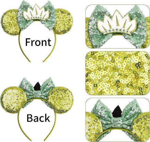 Glitter Green Mouse Ears Headband, Sequined Bow with Lotus & Frog Accents for Theme Parks & Cosplay in Kuwait