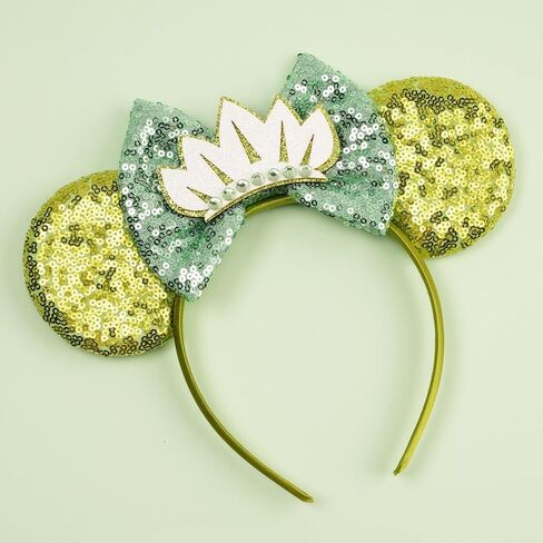 Glitter Green Mouse Ears Headband, Sequined Bow with Lotus & Frog Accents for Theme Parks & Cosplay in Kuwait