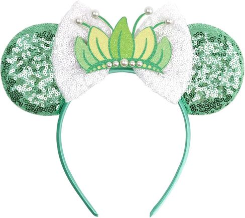Glitter Green Mouse Ears Headband, Sequined Bow with Lotus & Frog Accents for Theme Parks & Cosplay in Kuwait