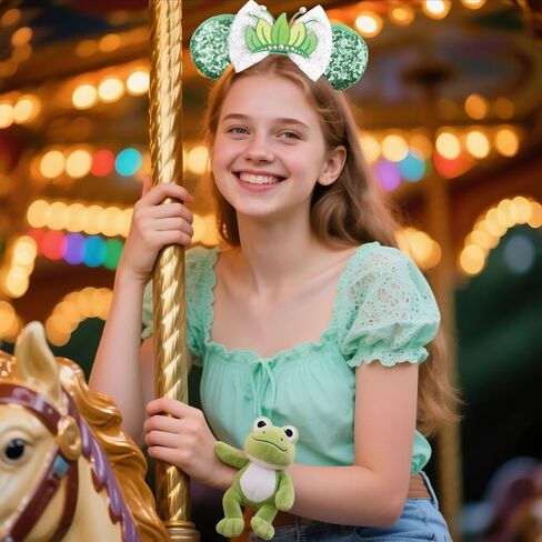 Glitter Green Mouse Ears Headband, Sequined Bow with Lotus & Frog Accents for Theme Parks & Cosplay in Kuwait