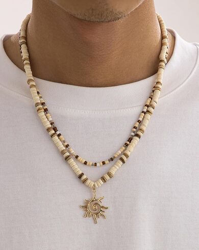 Layered Puka Shell Necklaces for Men Wooden Beaded Coconut Shell Choker Summer Beach Surfer Necklaces Seashell Beach Vacation Essentials Seaside Jewelry Accessories in Saudi Arabia
