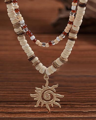 Layered Puka Shell Necklaces for Men Wooden Beaded Coconut Shell Choker Summer Beach Surfer Necklaces Seashell Beach Vacation Essentials Seaside Jewelry Accessories in Saudi Arabia