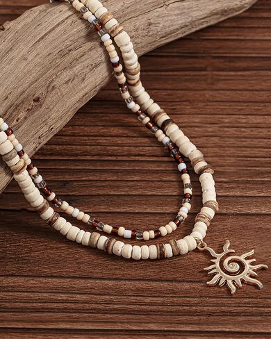 Layered Puka Shell Necklaces for Men Wooden Beaded Coconut Shell Choker Summer Beach Surfer Necklaces Seashell Beach Vacation Essentials Seaside Jewelry Accessories in Saudi Arabia
