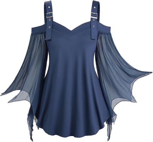 Rosegal Women Plus Size Gothic Top Buckle Straps Cold Shoulder Mesh Bell Sleeve Witch Halloween Costume Gothic Tee in Saudi Arabia