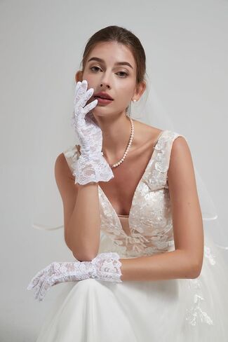Lace Gloves with Tulle Mesh Border, Pearls, Opera Tea Party Gloves for Women, Formal in Saudi Arabia