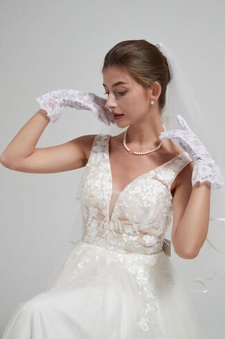 Lace Gloves with Tulle Mesh Border, Pearls, Opera Tea Party Gloves for Women, Formal in Saudi Arabia