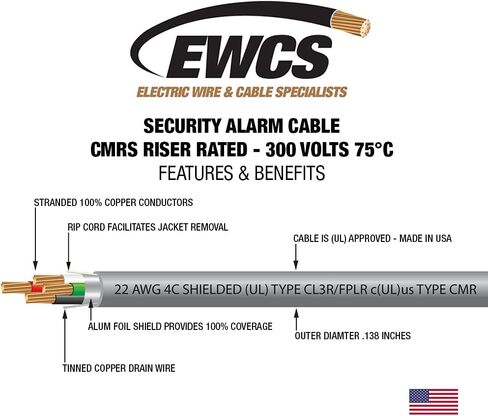EWCS 22 AWG 4/C Str CMR Riser كابل الصوت والأمان المحمي - 1000 قدم - صنع في الولايات المتحدة الأمريكية in Kuwait