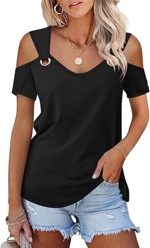 Minetom Women's Cold Shoulder Tops Short Sleeve V Neck T Shirts Basic Summer Tees in Kuwait