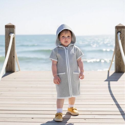 Girls Boys Hooded Terry Coverups One Piece Swimsuits Summer Striped Trim Zip Up Short Sleeve Swim Cover Up Beachwear in Kuwait