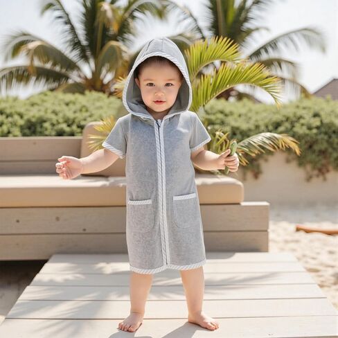 Girls Boys Hooded Terry Coverups One Piece Swimsuits Summer Striped Trim Zip Up Short Sleeve Swim Cover Up Beachwear in Kuwait