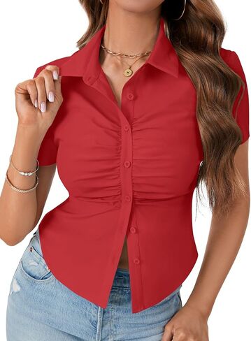 Lyaner Women's Collared V button Button Down Ruched Slim Fit Fit Shirt Sleeve Shirt Blouse in Kuwait