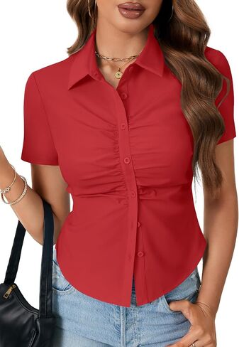 Lyaner Women's Collared V button Button Down Ruched Slim Fit Fit Shirt Sleeve Shirt Blouse in Kuwait