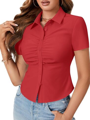 Lyaner Women's Collared V button Button Down Ruched Slim Fit Fit Shirt Sleeve Shirt Blouse in Kuwait