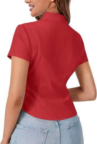 Lyaner Women's Collared V button Button Down Ruched Slim Fit Fit Shirt Sleeve Shirt Blouse in Kuwait