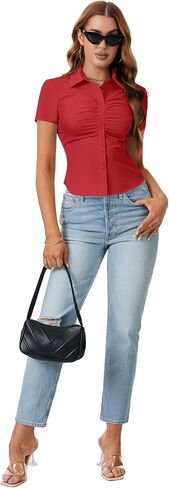 Lyaner Women's Collared V button Button Down Ruched Slim Fit Fit Shirt Sleeve Shirt Blouse in Kuwait