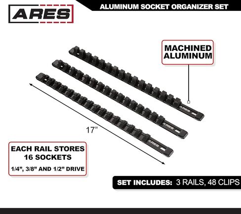 ARES 60041-مجموعة قضبان مقابس ألومنيوم زرقاء مقاس 17 بوصة من 3 قطع - 1/4 بوصة، 3/8 بوصة، و1/2 بوصة، تحتوي منظمات مقبس المحرك على 48 مقبسًا in Kuwait