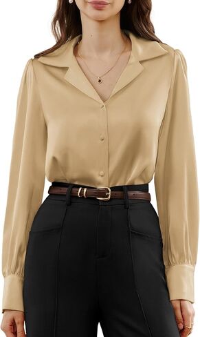 Belle Poque Women's Satin Blouses Long Sleeve Button Down Work Shirts Silk Business Casual Collared Tops in Saudi Arabia