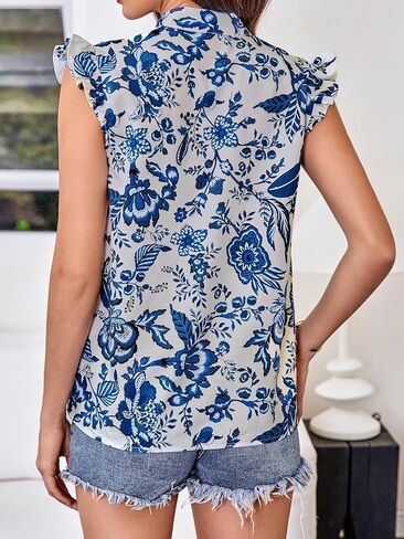Floerns Women's Striped Notched V Neck Ruffle Cap Sleeve Blouse Tops in Saudi Arabia
