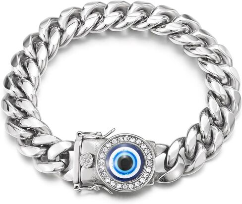 COOLSTEELANDBEYOND Men's Steel Cuban Link Bracelet with CZ Blue Evil Eye, Large Curb Chain Box Clasp, Biker in Saudi Arabia