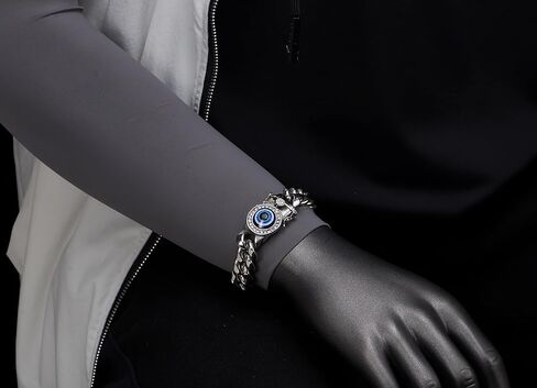 COOLSTEELANDBEYOND Men's Steel Cuban Link Bracelet with CZ Blue Evil Eye, Large Curb Chain Box Clasp, Biker in Saudi Arabia