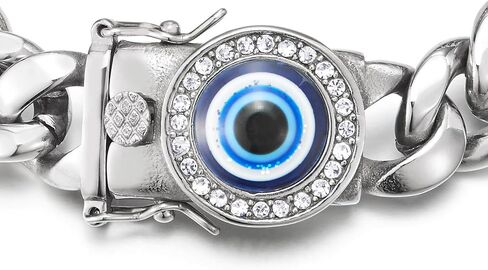 COOLSTEELANDBEYOND Men's Steel Cuban Link Bracelet with CZ Blue Evil Eye, Large Curb Chain Box Clasp, Biker in Saudi Arabia