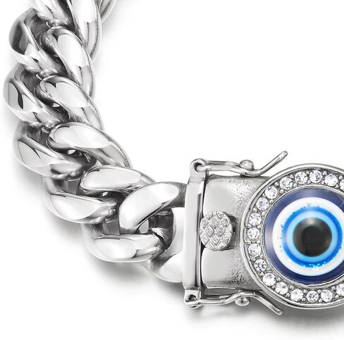 COOLSTEELANDBEYOND Men's Steel Cuban Link Bracelet with CZ Blue Evil Eye, Large Curb Chain Box Clasp, Biker in Saudi Arabia