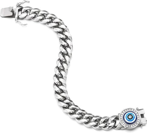 COOLSTEELANDBEYOND Men's Steel Cuban Link Bracelet with CZ Blue Evil Eye, Large Curb Chain Box Clasp, Biker in Saudi Arabia