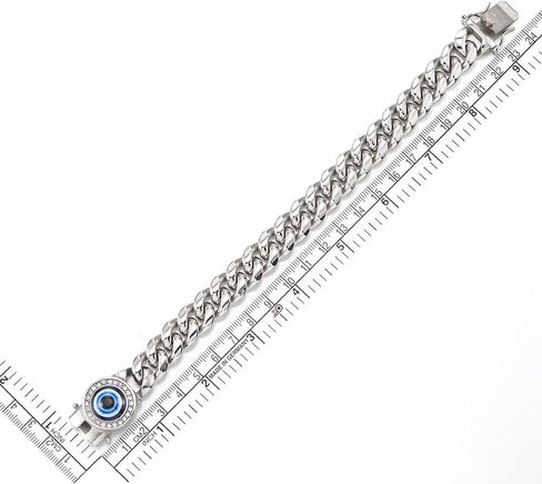 COOLSTEELANDBEYOND Men's Steel Cuban Link Bracelet with CZ Blue Evil Eye, Large Curb Chain Box Clasp, Biker in Saudi Arabia