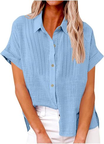 Summer Tops for Women 2025 Trendy Cotton Linen Button Down Shirts Business Casual Short Sleeve Blouses Work Clothes in Saudi Arabia