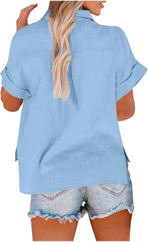 Summer Tops for Women 2025 Trendy Cotton Linen Button Down Shirts Business Casual Short Sleeve Blouses Work Clothes in Saudi Arabia