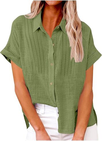 Summer Tops for Women 2025 Trendy Cotton Linen Button Down Shirts Business Casual Short Sleeve Blouses Work Clothes in Saudi Arabia
