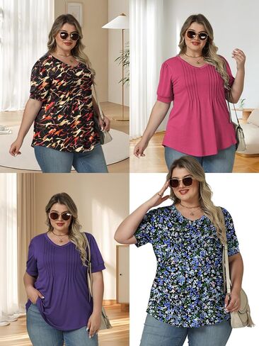 VISLILY Womens-Plus-Size-Summer-Tops Casual V Neck T Shirts Dressy Puff Short Sleeve Tunics Tee Cute Pleated Blouses XL-5XL in Saudi Arabia