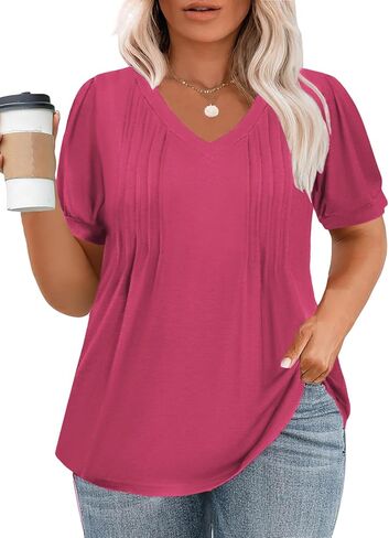 VISLILY Womens-Plus-Size-Summer-Tops Casual V Neck T Shirts Dressy Puff Short Sleeve Tunics Tee Cute Pleated Blouses XL-5XL in Saudi Arabia