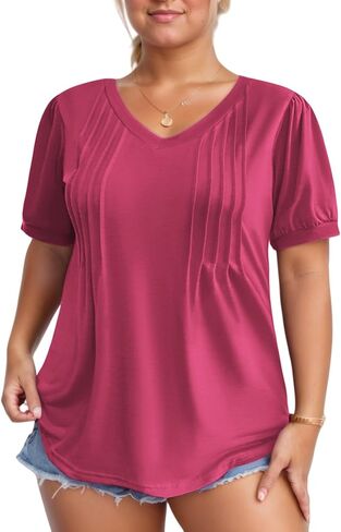 VISLILY Womens-Plus-Size-Summer-Tops Casual V Neck T Shirts Dressy Puff Short Sleeve Tunics Tee Cute Pleated Blouses XL-5XL in Saudi Arabia