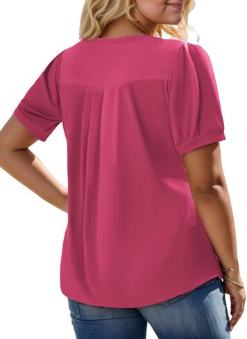 VISLILY Womens-Plus-Size-Summer-Tops Casual V Neck T Shirts Dressy Puff Short Sleeve Tunics Tee Cute Pleated Blouses XL-5XL in Saudi Arabia