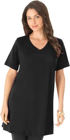 Roaman's Women's Plus Size Ultimate Cotton V-Neck Short Sleeve Tunic in Kuwait