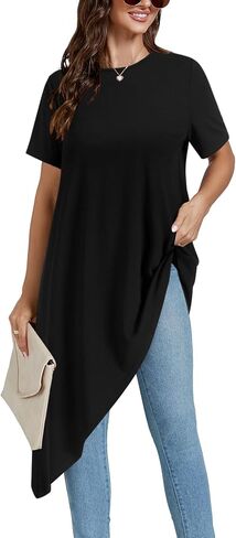 Lyaner Women's Tunic Tunic Tops قصيرة الأكمام القصيرة تنحنح قمصان بلوزة أرجوحة فضفاضة in Saudi Arabia