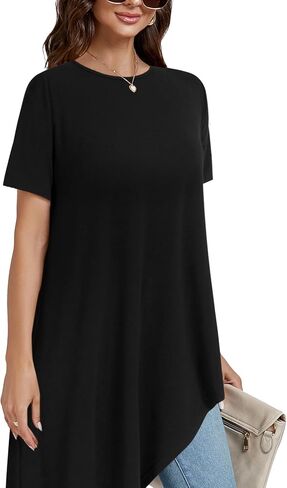 Lyaner Women's Tunic Tunic Tops قصيرة الأكمام القصيرة تنحنح قمصان بلوزة أرجوحة فضفاضة in Saudi Arabia