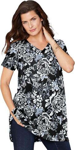 Roaman's Women's Plus Size Ultimate Cotton V-Neck Short Sleeve Tunic in Kuwait