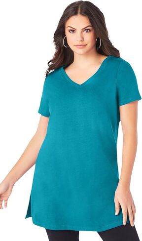Roaman's Women's Plus Size Ultimate Cotton V-Neck Short Sleeve Tunic in Kuwait