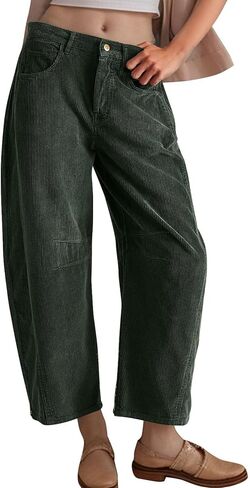 Flygo Womens Corduroy Pants Mid Rise Corduroy Barrel Pants Wide Leg Elastic Waist Cord Pants Casual Baggy Trousers in Saudi Arabia