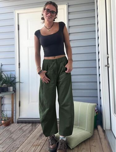 Flygo Womens Corduroy Pants Mid Rise Corduroy Barrel Pants Wide Leg Elastic Waist Cord Pants Casual Baggy Trousers in Saudi Arabia