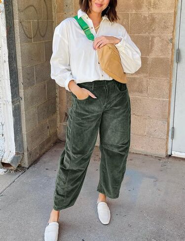 Flygo Womens Corduroy Pants Mid Rise Corduroy Barrel Pants Wide Leg Elastic Waist Cord Pants Casual Baggy Trousers in Saudi Arabia