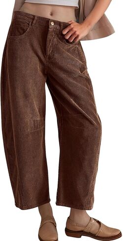 Flygo Womens Corduroy Pants Mid Rise Corduroy Barrel Pants Wide Leg Elastic Waist Cord Pants Casual Baggy Trousers in Saudi Arabia
