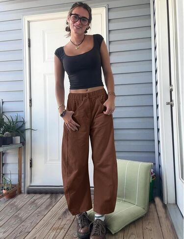 Flygo Womens Corduroy Pants Mid Rise Corduroy Barrel Pants Wide Leg Elastic Waist Cord Pants Casual Baggy Trousers in Saudi Arabia