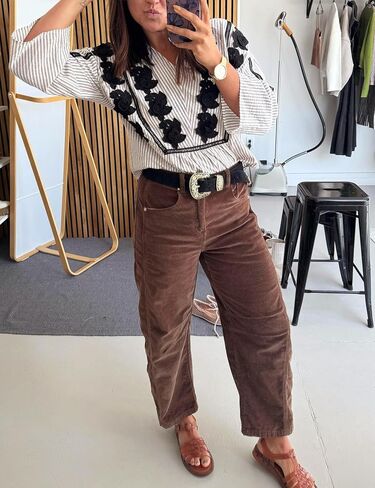 Flygo Womens Corduroy Pants Mid Rise Corduroy Barrel Pants Wide Leg Elastic Waist Cord Pants Casual Baggy Trousers in Saudi Arabia